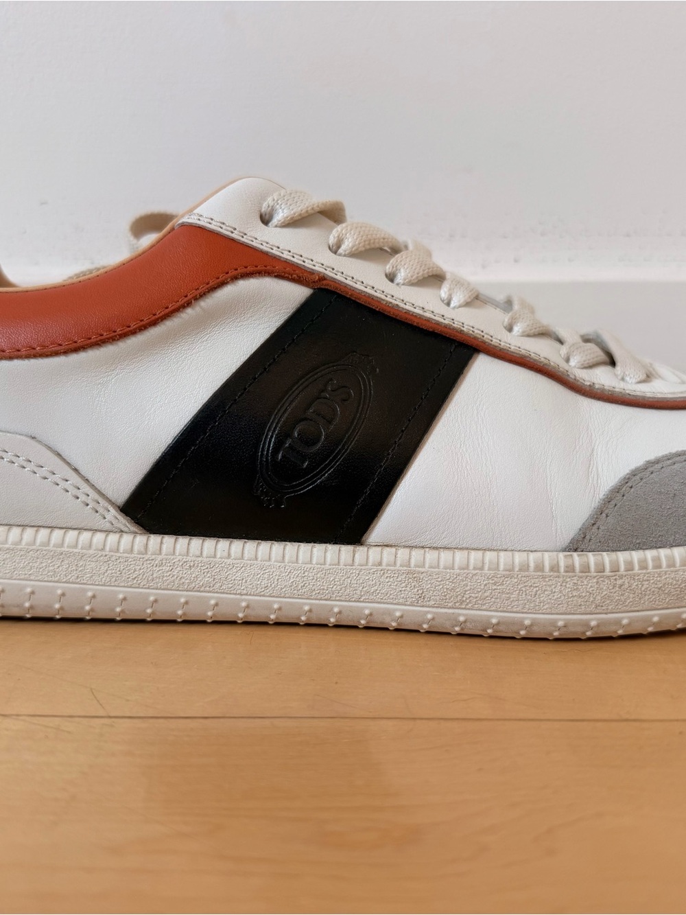 Tod's White Leather Sneakers with Black Stripe and Brown Trim